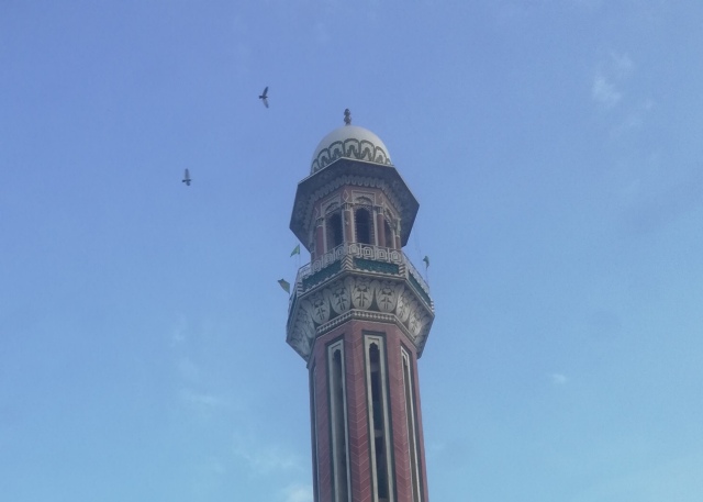 A mosque tower with birds