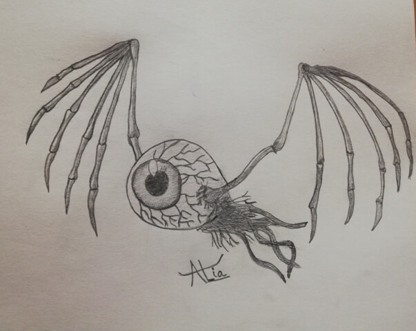 pencil sketch of a hallucination of flying eye