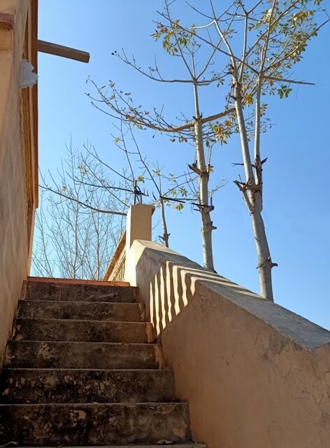 Stairs to terrace with blue sky