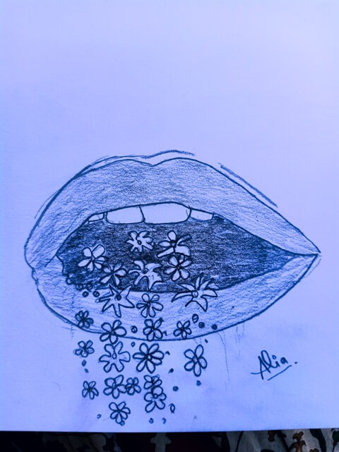 pencil sketch of lips with flowers