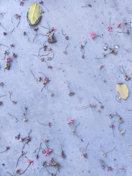 Marble ground image with fallen leaves and flowers