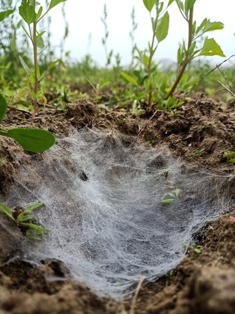 Dewdrops and spider web in winter season 