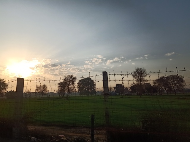 Beautiful sun and clouds with green fields 