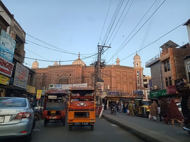 A city market with a mosque